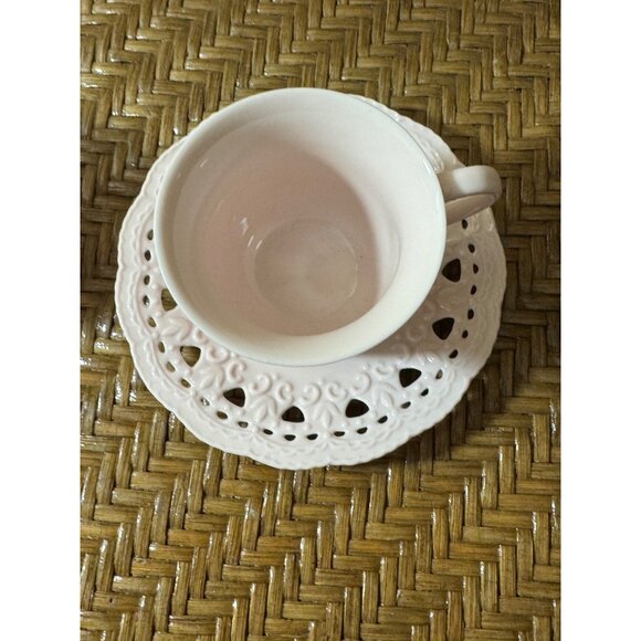 Flat Cup & Saucer Set Cream Lace by SKYE MCGHIE Pink Color Set Of 2 - Picture 3 of 6